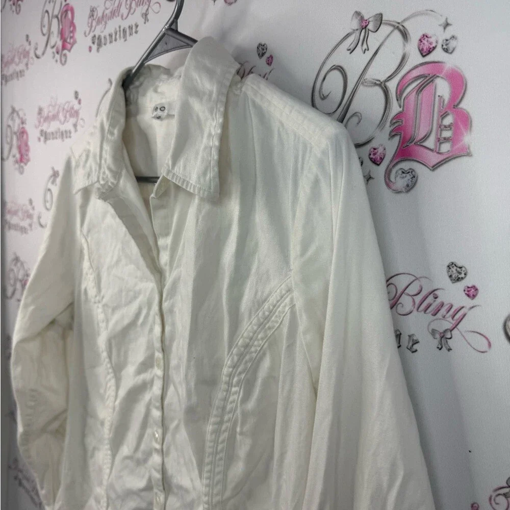 Cleo long sleeve shirt button up  cream White Shirt collared shiny buttons - Picture 6 of 13